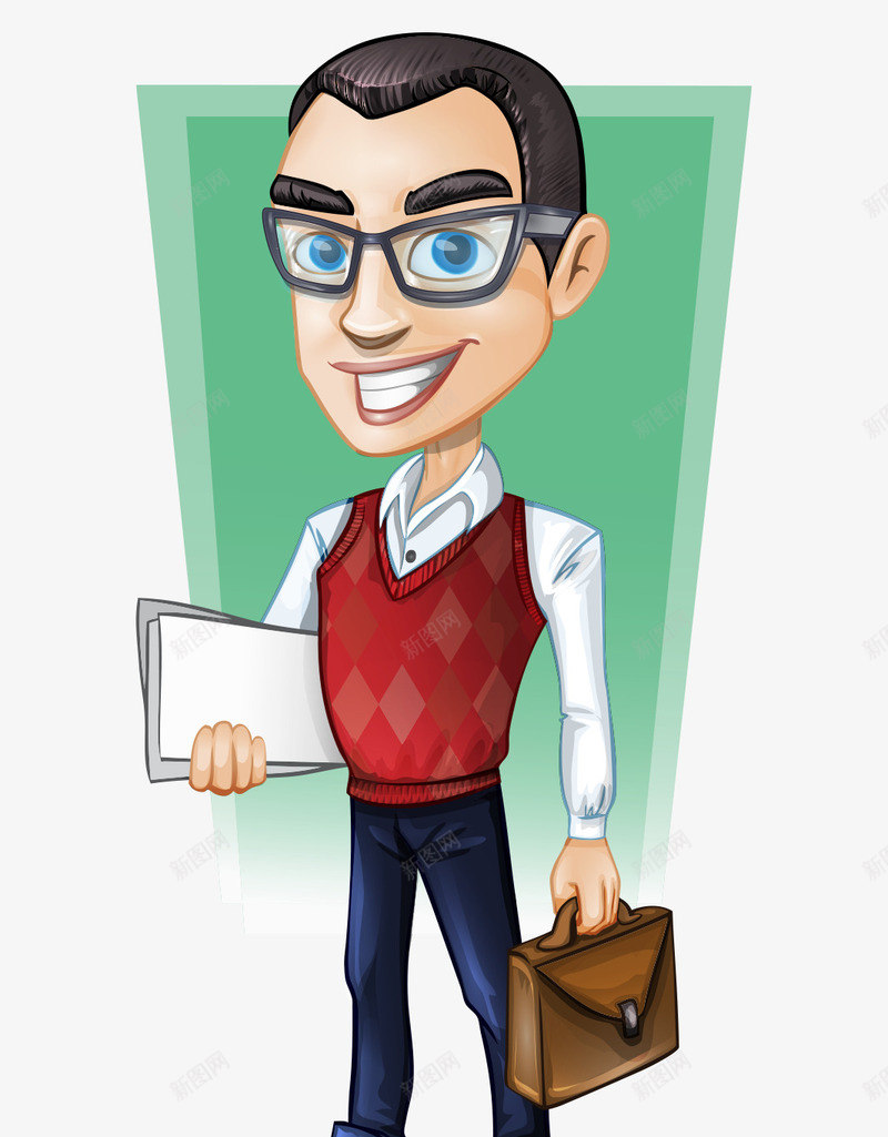 卡通手绘戴眼镜拿手提包拿纸男人png免抠素材_新图网 https://ixintu.com 卡通的人物 戴眼镜的男人