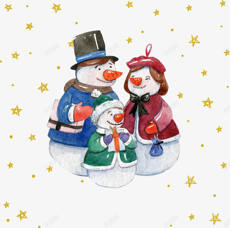 手绘圣诞节雪人一家人png免抠素材_新图网 https://ixintu.com 卡通 可爱 快乐 手绘 温馨 金色星星 雪人圣诞节