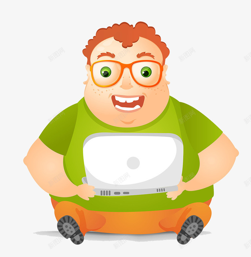 卡通大肚子男人抱着电脑png免抠素材_新图网 https://ixintu.com 卡通 大肚子 大肚腩 戴眼镜的男人 抱着电脑 男人 胖子