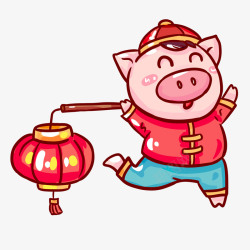 卡通小孩提灯笼2019猪年彩绘猪提灯笼过新年高清图片