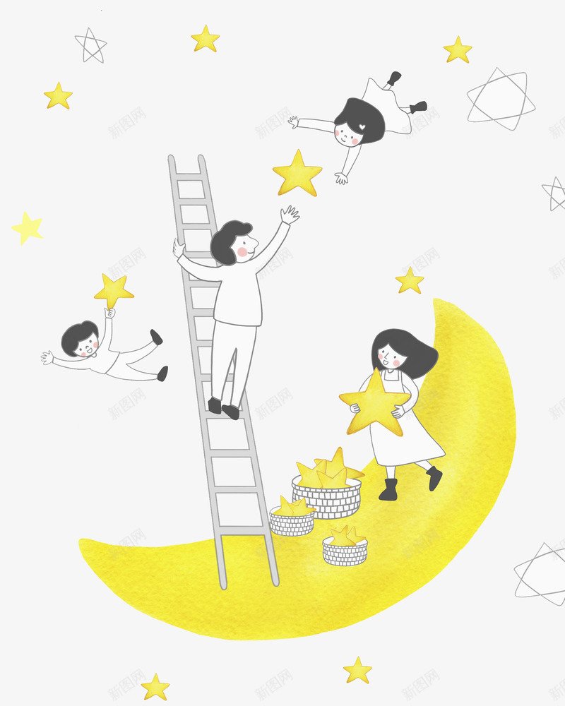 黄色月亮png免抠素材_新图网 https://ixintu.com 创意 女孩 手绘 摘星星 梯子 漂浮 篮子 长发 黄色月亮