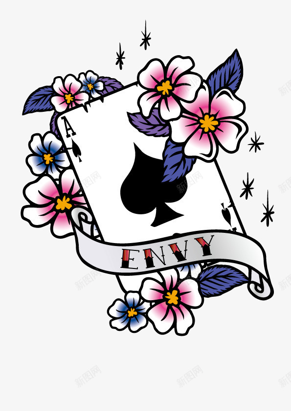 花朵和扑克牌手绘图png免抠素材_新图网 https://ixintu.com 扑克牌 扑克边框 简图 美丽的 花朵 英文字母 装饰 飘带