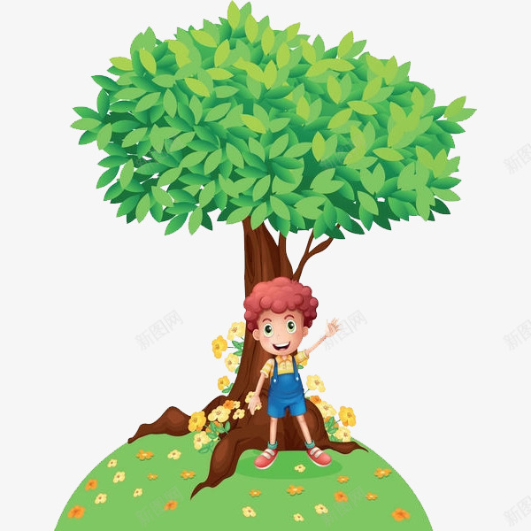大树下的小男孩png免抠素材_新图网 https://ixintu.com 卡通 可爱的 大树 大树底下好乘凉 小男孩 手绘 简笔 绿色的