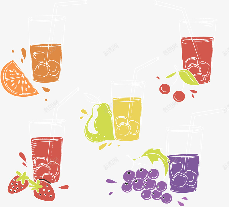 手绘的水果果汁png免抠素材_新图网 https://ixintu.com 手绘风 橙汁 矢量素材 草莓汁 鲜榨果汁