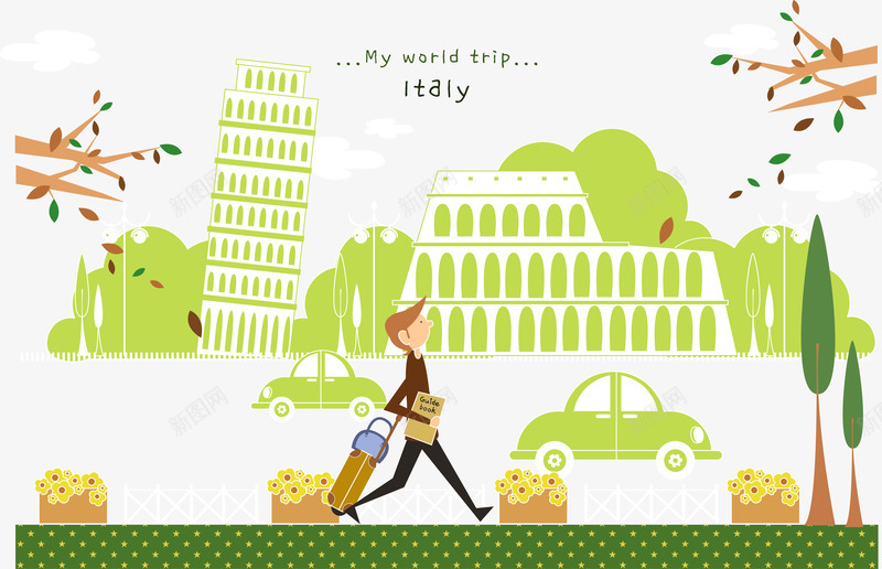 意大利风情png免抠素材_新图网 https://ixintu.com 卡通男人 意大利 旅行 绿色