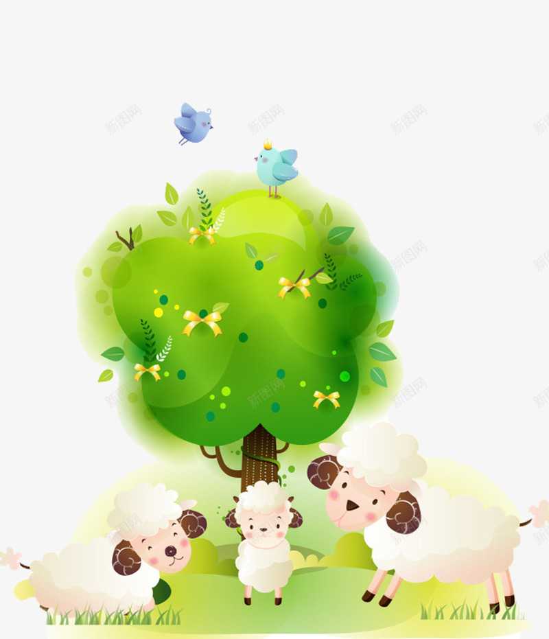 羊羊的春天png免抠素材_新图网 https://ixintu.com 动物 卡通 可爱 大树 春天 植物 绵羊 羊