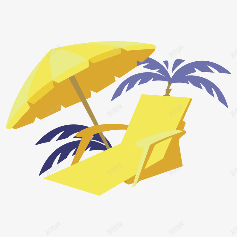 海滩乘凉躺椅遮阳伞png免抠素材_新图网 https://ixintu.com 躺椅 遮阳伞 黄色