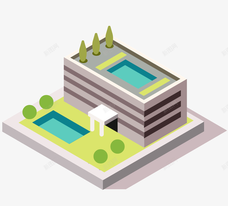 两个水池的建筑png免抠素材_新图网 https://ixintu.com 公寓 别墅 大门 泳池 绿树 草坪