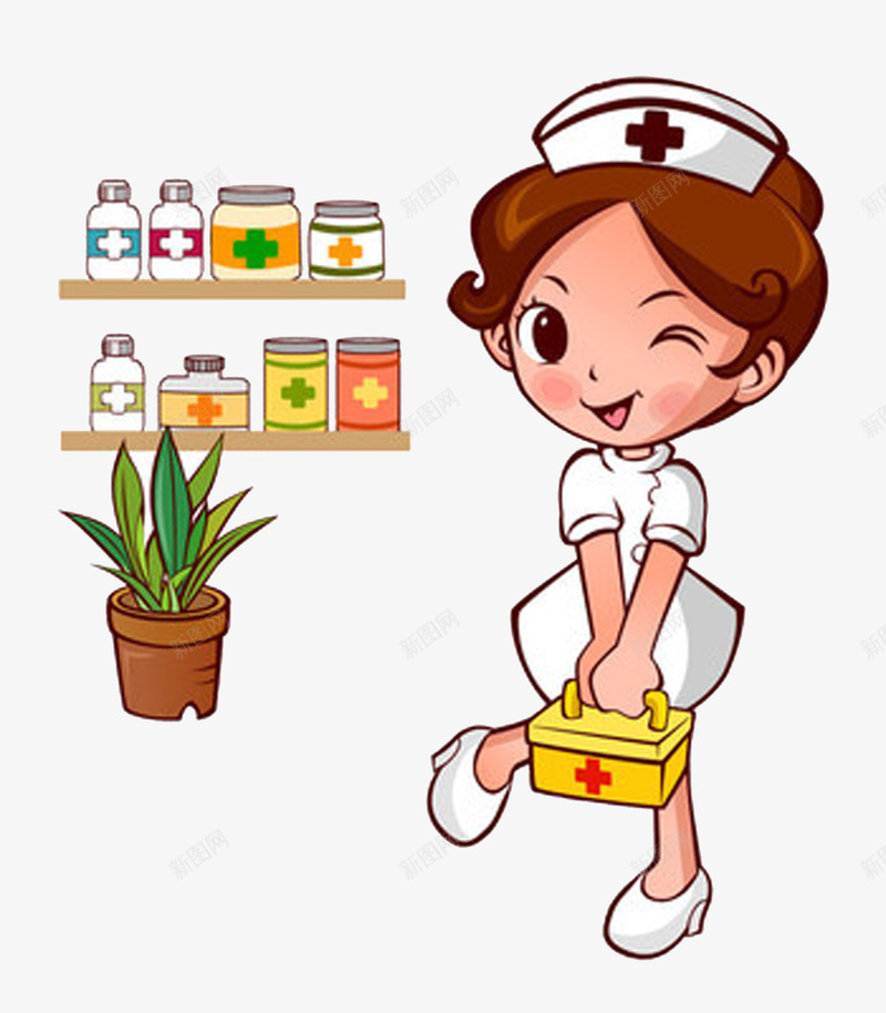 卡通小护士png免抠素材_新图网 https://ixintu.com 人物 医生 可爱卡通 小护士 绿色植物 药瓶