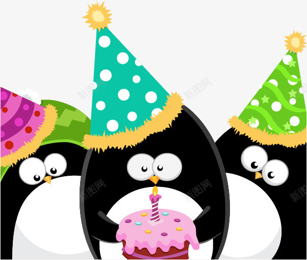 企鹅png免抠素材_新图网 https://ixintu.com 三只企鹅 小丑帽 生日蛋糕 蜡烛
