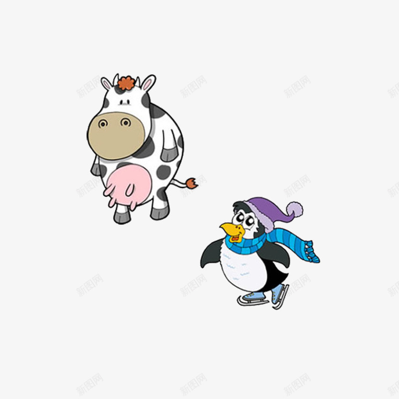 卡通小奶牛和小企鹅psd免抠素材_新图网 https://ixintu.com 企鹅 卡通 小动物 小奶牛