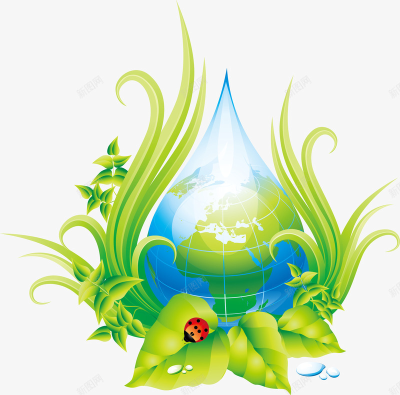 保护地球环保png免抠素材_新图网 https://ixintu.com 七星瓢虫 保护地球 环保 省水 绿叶 绿色植物 节约用水