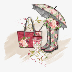 美丽雨伞印花图案的雨鞋和雨伞高清图片