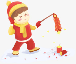 中国传统习俗手绘新年放鞭炮人物高清图片