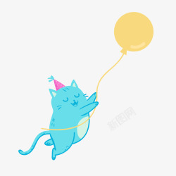 蓝色卡通小猫与气球素材