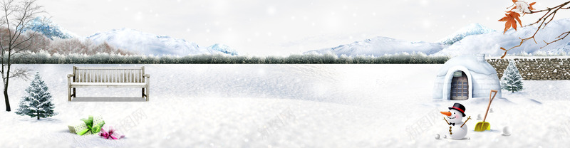 冬季公园雪景psd免抠素材_新图网 https://ixintu.com 公园 冬季白色背景 凳子 山 树木 雪人 雪景