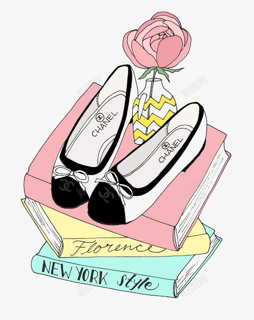 创意搭配png免抠素材_新图网 https://ixintu.com 书本装饰 书籍 卡通书籍 平底鞋 手绘女生搭配 粉色玫瑰