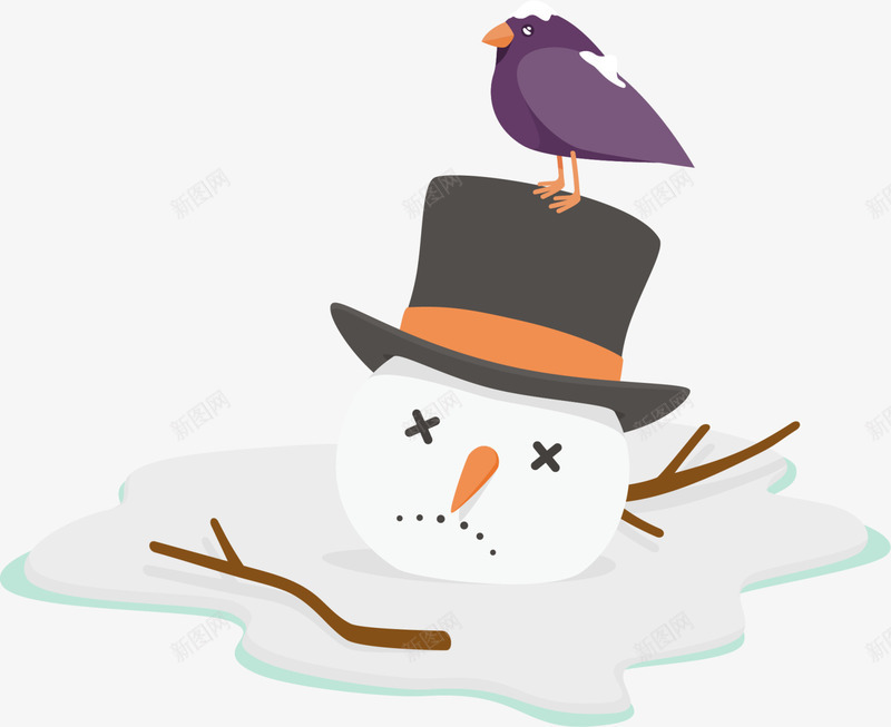 冬季融化的白色雪人png免抠素材_新图网 https://ixintu.com 不开心 冬季雪人 白色雪人 紫色小鸟 融化的雪人 雪水