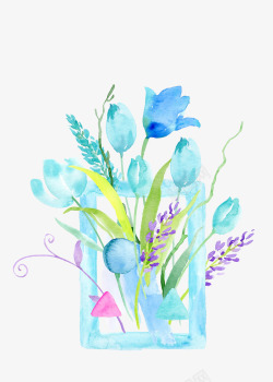 水彩蓝色边框和花朵素材