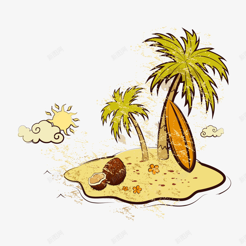 海滩度假png免抠素材_新图网 https://ixintu.com 卡通椰子树 椰子树 椰子汁 滑板