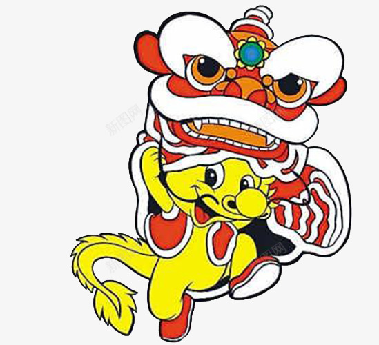 正在舞狮的小龙png免抠素材_新图网 https://ixintu.com 害怕的人 春节活动 红色的狮子头 舞狮 长长的尾巴 黄颜色的小龙