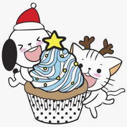 高兴的圣诞节手绘动物吃蛋糕图高清图片