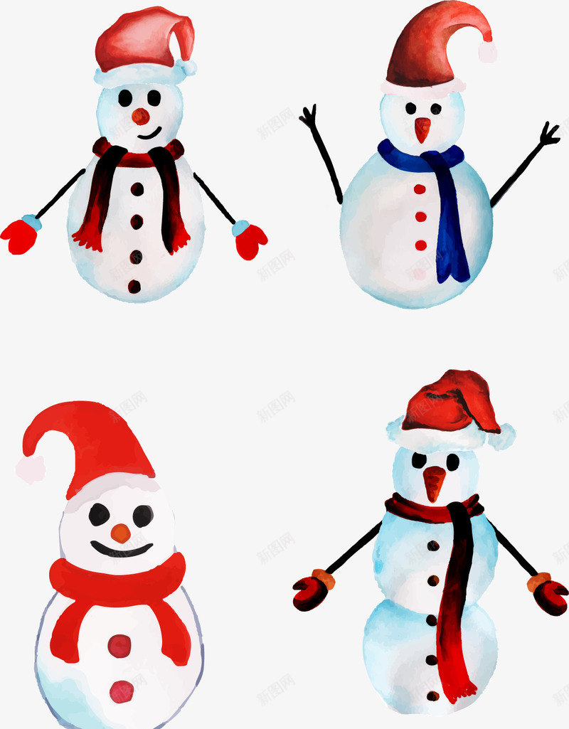 手绘雪人合集png免抠素材_新图网 https://ixintu.com 卡通 围围巾的雪人 戴着帽子的雪人 手绘 水彩 雪人