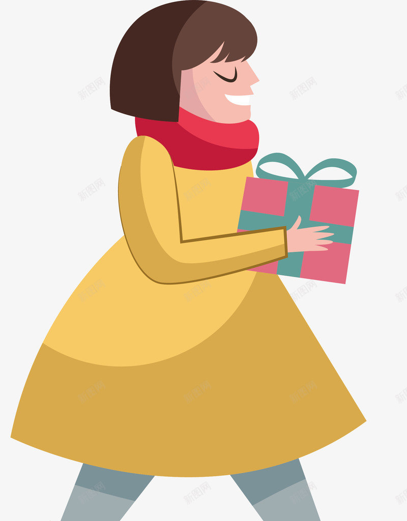 拿着礼物的女孩矢量图ai免抠素材_新图网 https://ixintu.com 可爱女孩 圣诞礼物 抱着礼物 矢量png 礼物 黄色大衣 矢量图
