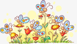可爱花丛蝴蝶采蜜手绘图案高清图片