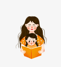 看书的女儿矢量素材卡通手绘看书的母女插画高清图片