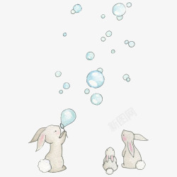 蓝色蜡笔兔子手绘兔子吹泡泡高清图片