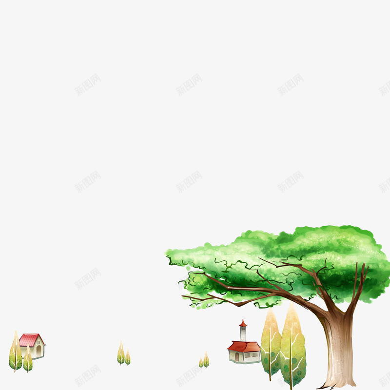 大树房子png免抠素材_新图网 https://ixintu.com 叶子 大树 房子 房顶 手绘 简图 红色的 绿色的
