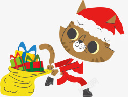 拖着圣诞礼物的小猫矢量图素材