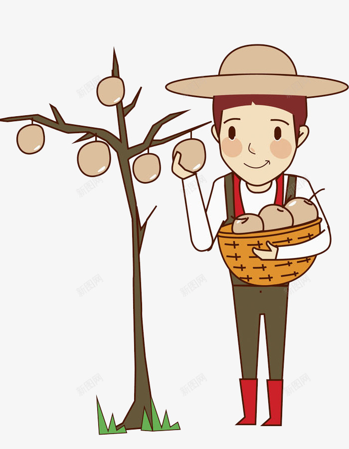 摘苹果的男人png免抠素材_新图网 https://ixintu.com 卡通 帅气的 帽子 插图 男人 篮子 苹果树