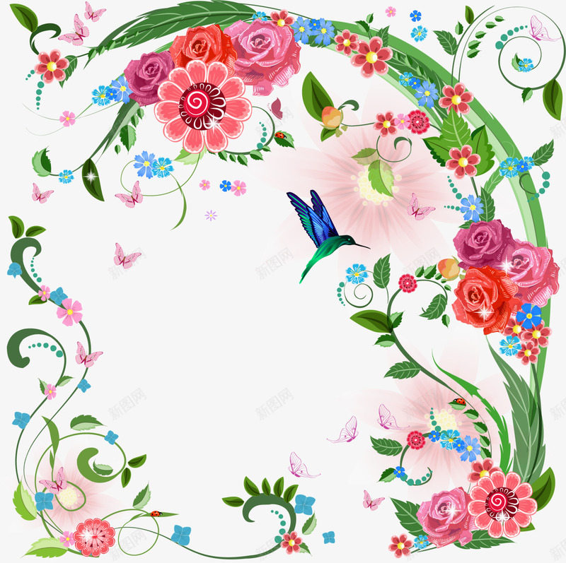 红色花枝框架png免抠素材_新图网 https://ixintu.com 植物框架 清新小鸟 红色花朵 美丽鲜花 花园 边框纹理