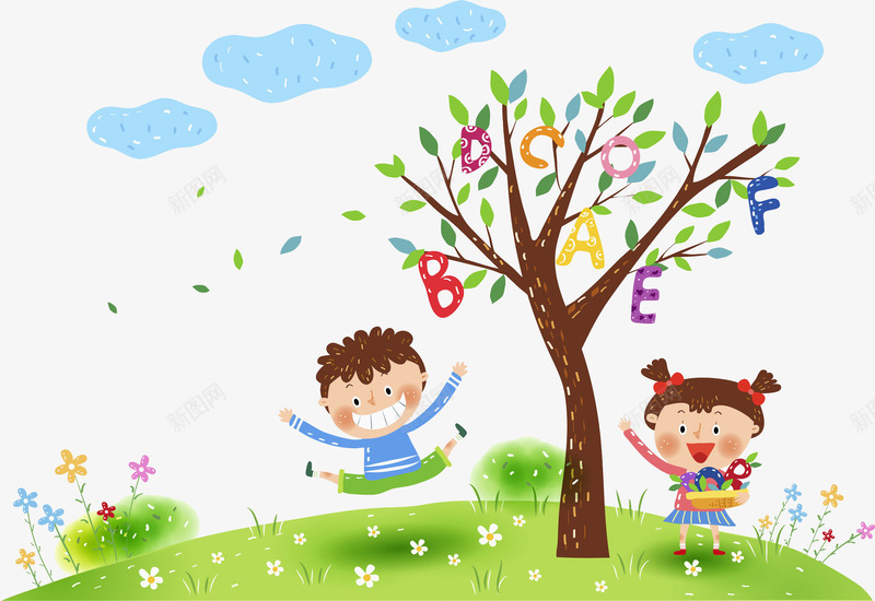 欢快的孩子png免抠素材_新图网 https://ixintu.com 卡通 大树 小男孩 欢快的 绿色的 高兴地