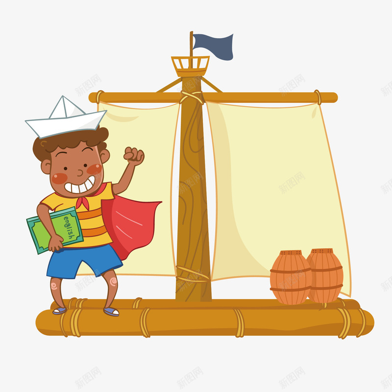 远航的水手png免抠素材_新图网 https://ixintu.com 儿童 帆船 木桶 水手