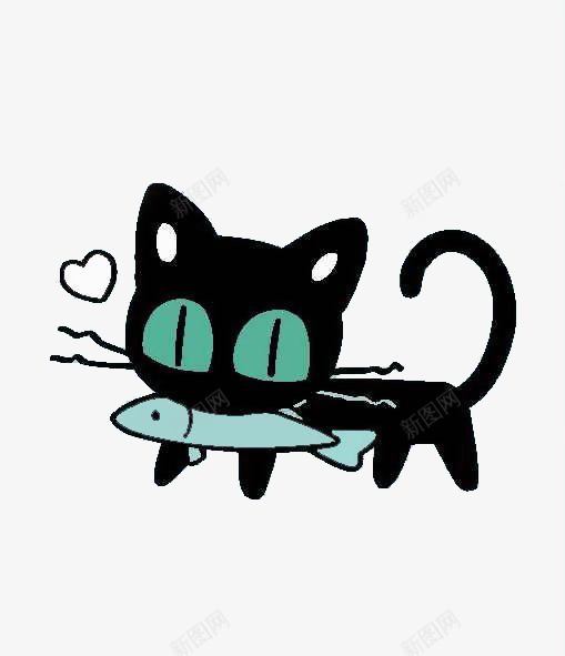 咬着鱼的黑色小猫png免抠素材_新图网 https://ixintu.com 卡通小猫 可爱小猫 图案设计 黑猫