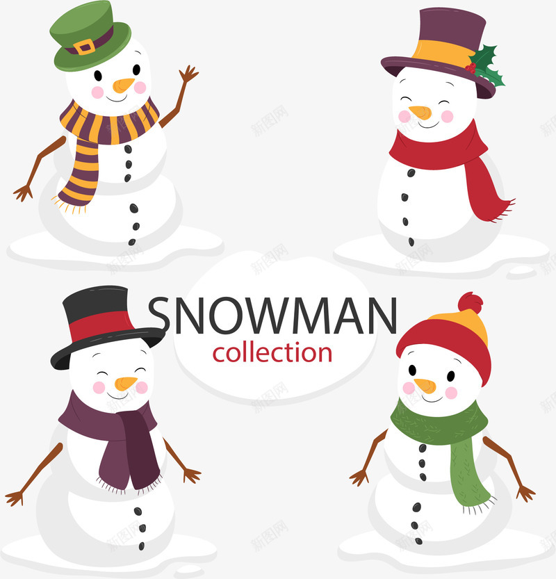 手绘四个雪人png免抠素材_新图网 https://ixintu.com 冬季 卡通 四个雪人 戴围巾的雪人 戴帽子的雪人 手绘