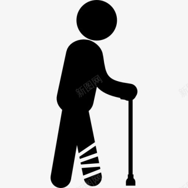 人走路的腿断了用绷带和拐杖支撑图标图标