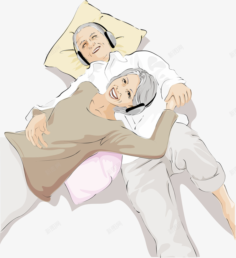 躺一起的夫妻png免抠素材_新图网 https://ixintu.com 健康 卡通人物 听音乐 幸福 老人 老人健康