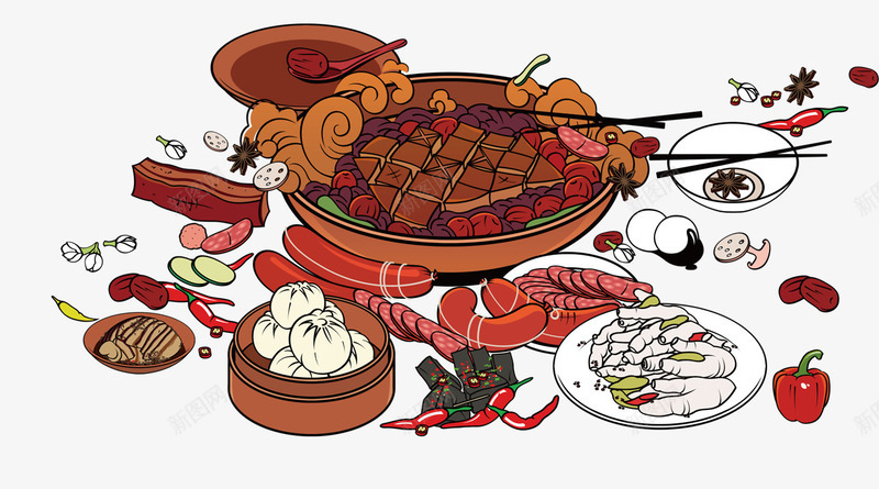卡通手绘年夜饭食物png免抠素材_新图网 https://ixintu.com 包子 卡通 年夜饭 手绘 盘子里的肉 筷子 食物