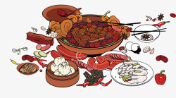 筷子夹着的肉卡通手绘年夜饭食物高清图片