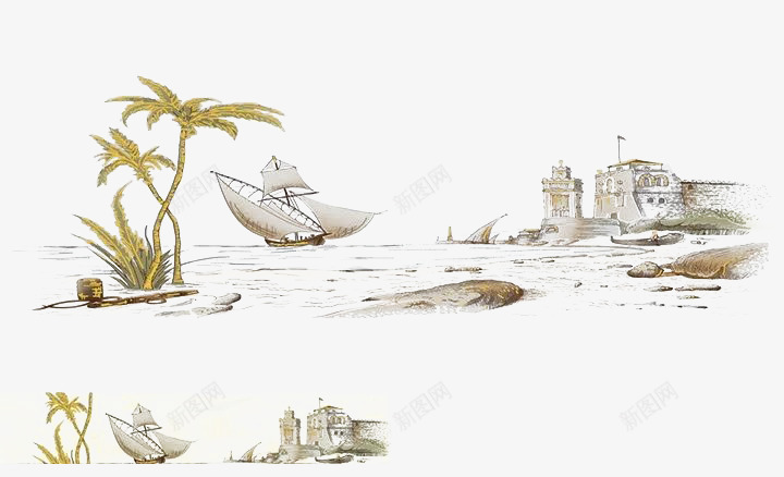 沙滩美景和城堡png免抠素材_新图网 https://ixintu.com 帆船 椰子树 高楼