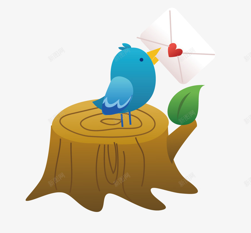 卡通木桩和蓝色的鸟和信封矢量图ai免抠素材_新图网 https://ixintu.com 信封 卡通木桩 蓝色的鸟 鸟 矢量图