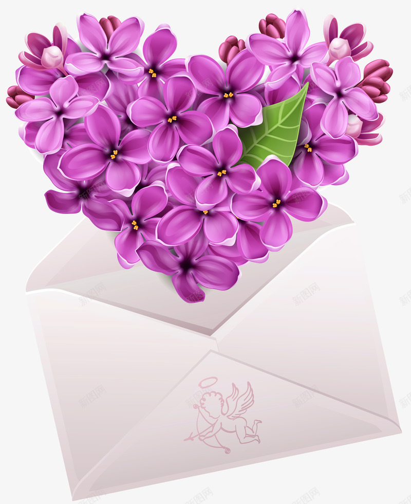 紫色心形花和白色信封png免抠素材_新图网 https://ixintu.com 信封 图案设计 白色信封 紫色花