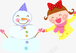 扁平卡通风格创意合成小女孩和雪人素材