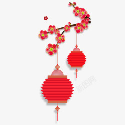 春节元宵节装饰红色的灯笼和植物高清图片
