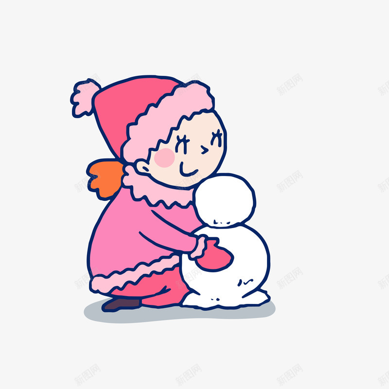 卡通堆雪人的小女孩图矢量图ai免抠素材_新图网 https://ixintu.com 冬天 冬季 卡通的 可爱的 堆雪人 小女孩 小女生 手绘的 粉色 雪人 矢量图