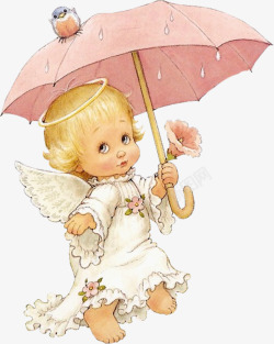 粉红色雨伞打伞的小天使高清图片
